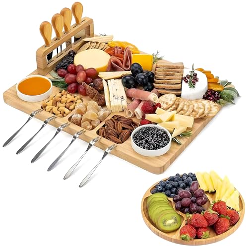 Kicinn Bambus-Käsebrett-Set Mit Messern & Gabeln Charcuterie-Brett Aus Holz Mit Extra Serviertablett | Servierplatte Für Tapas Obst & Fleisch
