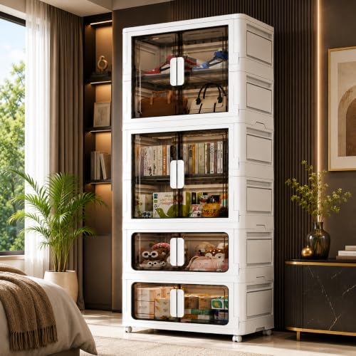 Image of EXVITO Modular Plastic Wardrobe for Bedroom | 4 Tier Foldable Cupboard with Hanging Rod | Stackable Storage Almirah for Clothes with Wheels | Multi-Layer Plastic Storage Cabinet - White