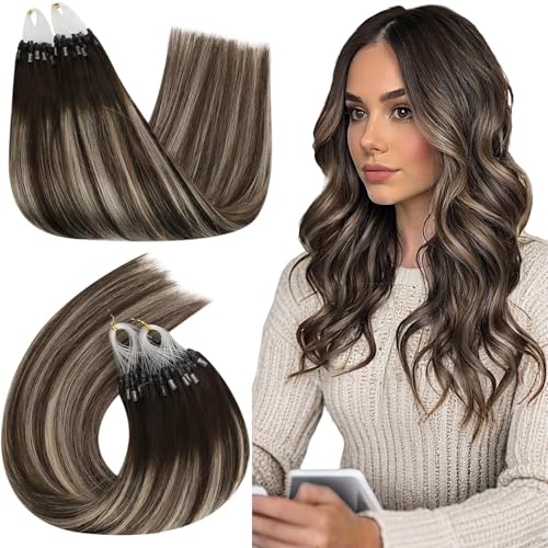 Ugeat Micro Loop Hair Extensions Human Hair 20 inch Dark Brown Balayage Micro Ring Hair Extensions Real Human Hair Ash Blonde Ombre 50G/50S #4/18/4 Natural