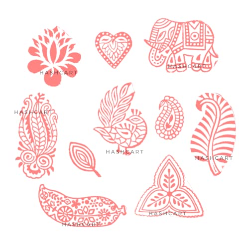 Image of Set of 10 | Wood Stamps Multi Shapes Tree, Floral & Animal Printing Blocks for Scrapbooking | Kids Project | Art Craft | Handmade Stamps for Tattoo Print | Project Making