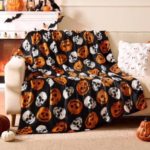 Image of BEDELITE Pumpkin Skull Halloween Throw Blanket, Black, 50 inchx60 inch