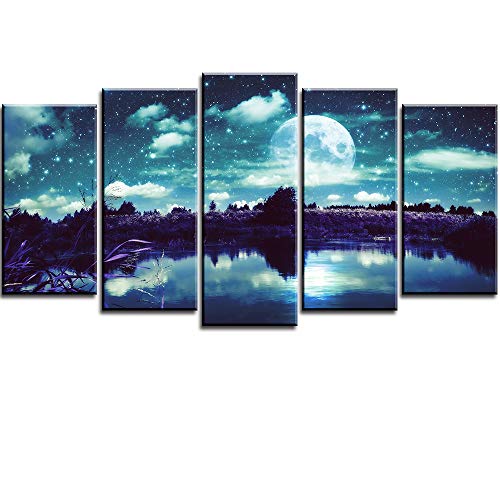 ZOMNAI Lienzo decorativo para pared, diseño de luna llena, árbol por mar azul, 5 piezas pacíficas, decoración del hogar para sala de estar, enmarcado listo para colgar (tamaño grande, resistente al
