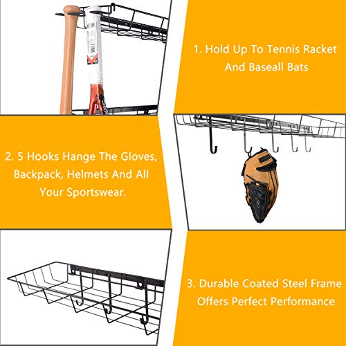 Kinghouse Sports Equipment Storage Rack, Sports Ball Storage Rack with 3 Baskets and 4 Hooks, Ball Rack for Garage, Garage Ball Storage, Sports Gear Storage, Black, Steel, Wall Mount - Thumbnail 3