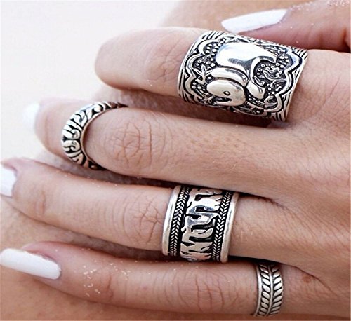 FUNRUN JEWELRY Vintage Elephant Leaves Silver Tone Joint Knuckle Nail Ring Set of 4 Rings