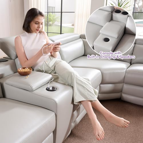 Image of Power Recliner Sofa, Leather Sectional Couch for Living Room, Light Grey | 3 Bluetooth Speakers & Hidden Storage, Modern L Shaped Reclining Couch with 6 Charging Ports