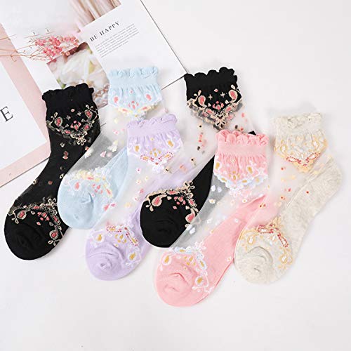 Dxyaky 5 Pairs Women Sheer Mesh Socks Ultrathin Fishnet See Through Lace Ankle Socks Summer Transparent Floral Socks #TOP6