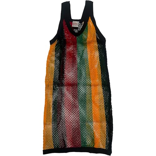Pendeen Original English Mesh String Vest, Cotton Fishnet Tank Top, Black Red Green Gold Rasta Stripes, Large
