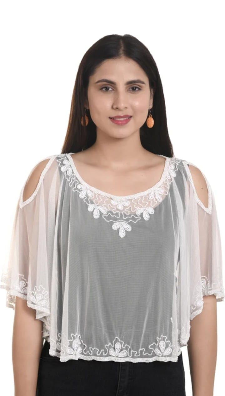 Women's Sheer Embroidered Poncho Top with Cold Shoulder | Lightweight Lace Cape Style Overlay | Party, Casual Wear-image-33