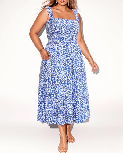 Image of Plus Size Summer Dress - Sun Boho Beach Casual Floral Spaghetti Strap Sleeveless Long Maxi Dresses