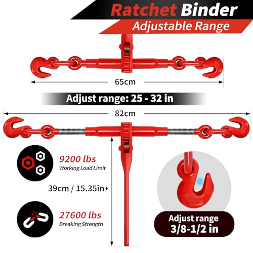 Image of Ratchet Binders, Load Binder 3 /8 inch-1 /2 inch with 9200 LBS Working Load Limit, G70 Hooks and Adjustable Length, for Tie Down Hauling Towing, 4 Pack, Red