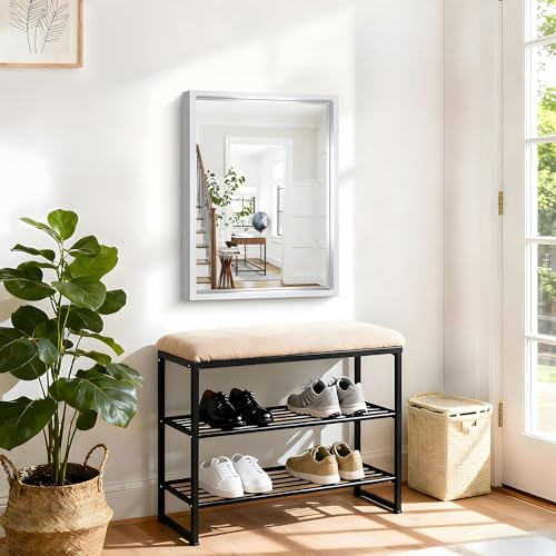Image of 18x24 Silver Bathroom Mirror, Brushed Nickel Rectangular Mirror for Wall, 0.6 inch Thickened Deep Frame Mirrors for Bathroom Sink, Shatterproof Tempered Glass, Antirust, Horizontally or Vertically