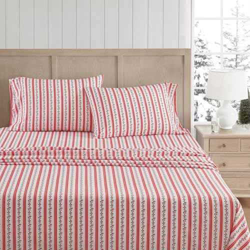 Image of Martha Stewart - Full Size Sheets Set, Crisp & Tailored Cooling Sheets w /a Naturally Smooth Cotton Percale Lightweight Feel - Bed Sheets with Matching Pillowcases & Fitted Sheet (Rose Ribbon Red)