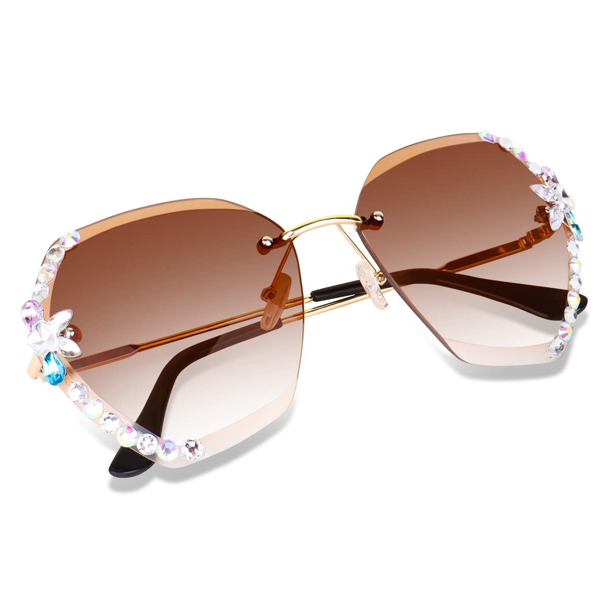 UV400 Protective Sunglasses for Women Stylish with Storage Box Glasses Cloth, Rimless Diamond Cutting Lens with Stone All color of Sunglasses for Driving Shades for Women.