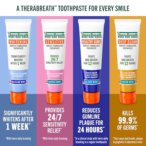 Image of TheraBreath Deep Clean Toothpaste, Fresh Mint, 4 Oz, 2-Pack | Kills 99.9% of Germs That Cause Bad Breath, Gingivitis & Plaque Protection, Gentle Teeth Whitening