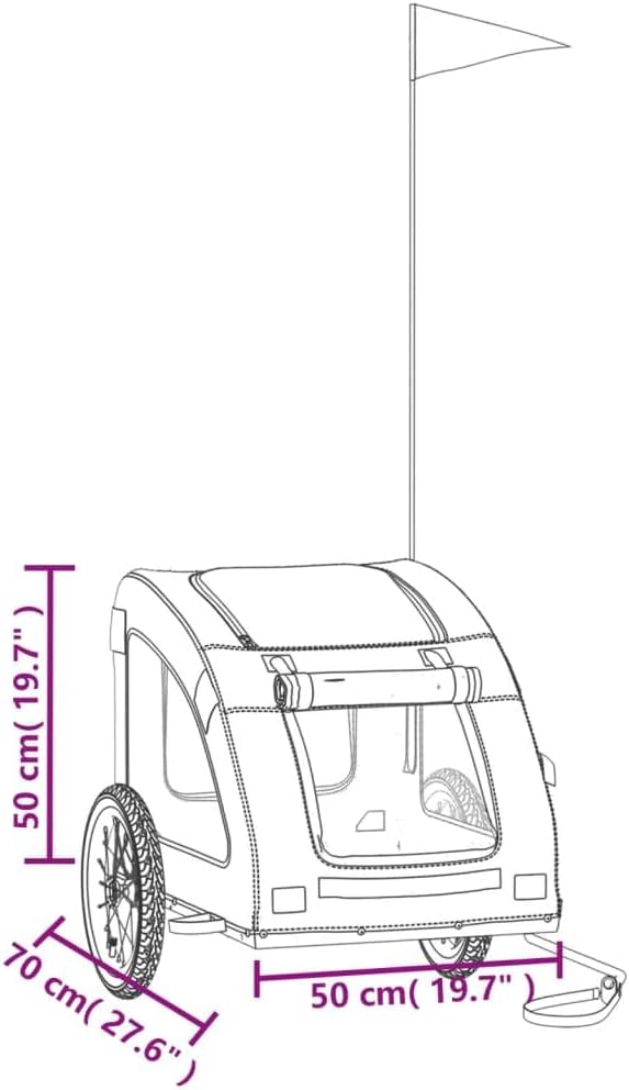 Diagram showing the dimensions of the pet bicycle trailer, including cabin width and height.