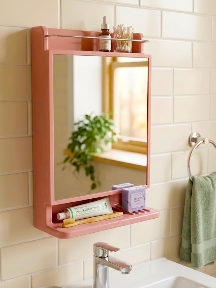 PGen Sleek Spacy Bathroom Mirror Cabinet with Storage/Magnetic Lock Door, Wall-Mounted Organiser with Shelves (Cozy Pink)-image-10