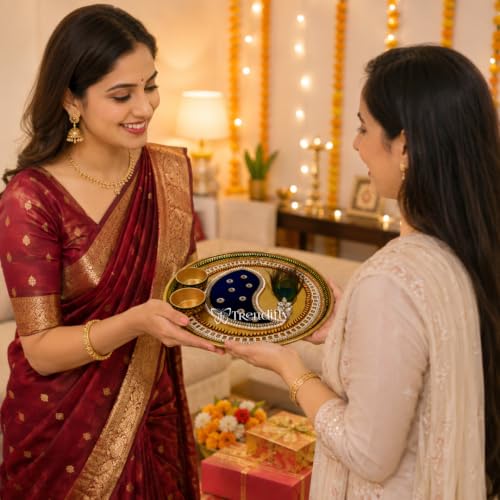 Image of Trendifly Handmade Metal Pooja Aarti Thali Set with 2 Kumkum Chandan Diya Holder | Stone Mirror Work Puja Thali Set for Home Mandir Temple Room | Wedding, Baby Shower, Home Ceremony, Pooja Return Gift