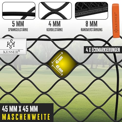 KESSER® Anhängernetz 2x3m feinmaschig | Hängernetz mit Spannseil & Netzkordel | Containernetz für Ladungssicherung | Sicherungs-Netz Eckmarkierungen Expander-Haken & Befestigungsknöpfen Schwarz