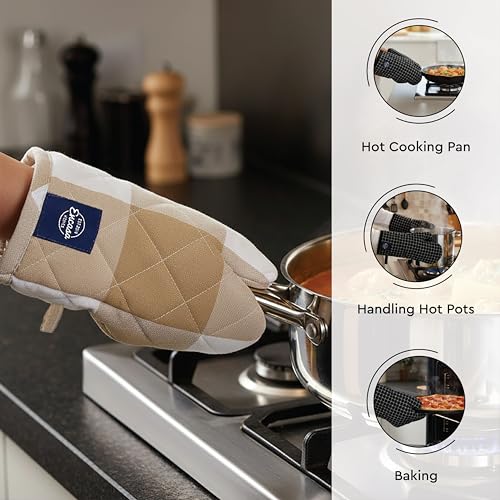 Image of Encasa XO 100% Cotton Apron Set for Women & Men with Adjustable Apron, Oven Gloves & Pot Holder (Pack of 3) Combo, Heat-Resistant, Soft & Durable for Cooking, Baking & Grilling (Buffalo Beige Checks)