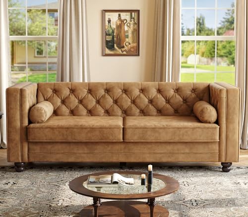Image of ONBRILL 79'' Faux Leather Couch for Living Room, Comfy Chesterfield Button-Tufted Sofa with 2 Bolster Pillows and Wood Legs, Mid-Century Modern Deep Seat Couch for Apartment, Office, Caramel