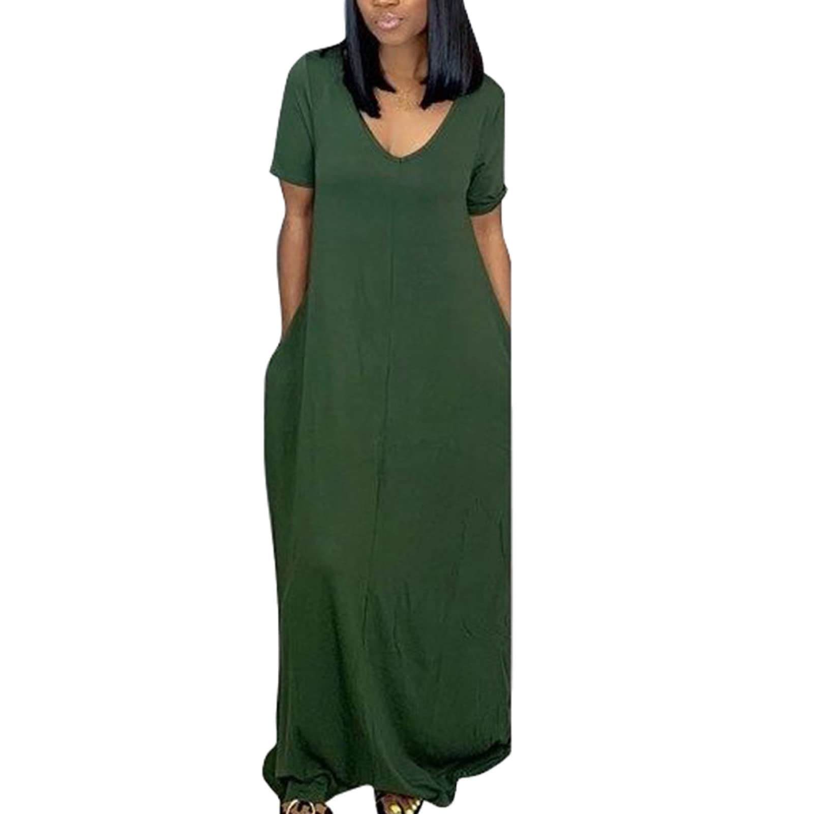 dSNAPoutof Casual Women Summer Maxi Dress Oversize Solid Color Off Shoulder Short Sleeve Full Length with Pockets