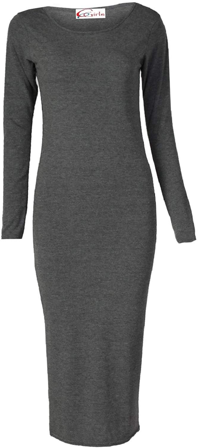 Crazy Girls Womens Plain Long Sleeve Scoop Neck Stretch Bodycon Maxi Midi Dress (XL-UK16/18, Plain Charcoal)
