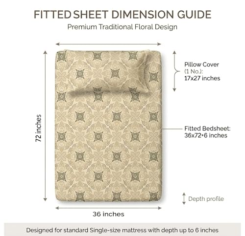 Image of BSB HOME 220 TC Cotton Fitted Single Bedsheet with 1 Pillow Cover, Soft Breathable, Elastic Fit, Fade Resistant, Easy Care - 36 x 72 + 6 Inches (Sandstone Damask)