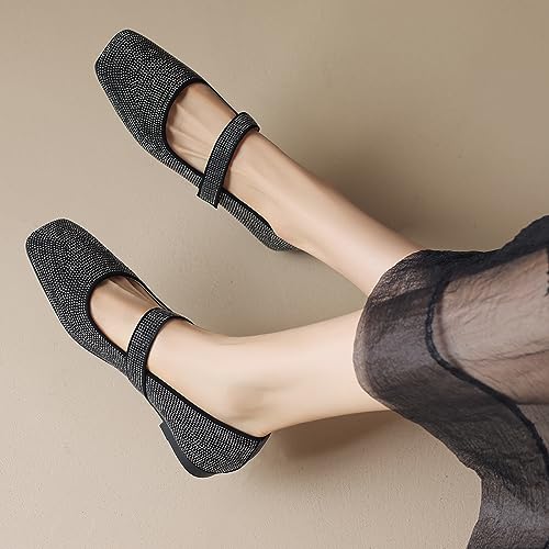 SHODENSE Women Vintage Rhinestone Flats Square Toe Mary Jane Flats Ankle Strap Glitter Ballet Flats Hook & Loop Flat Heel Dress Shoes Sparkly Ladies Girl Office Work Wedding Party Flat Shoes 4-11 M US3