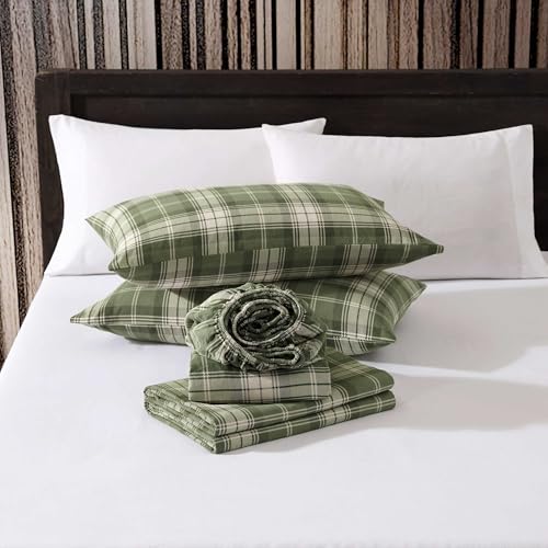 Image of Eddie Bauer - King Bed Sheets, Cotton Flannel Bedding Set with Matching Pillowcases, Brushed for Extra Softness, Deep Pocket, Oeko-Tex Certified (Heartland Plaid Green)