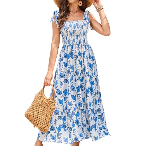 Image of BROVAVE Women Summer Floral Dress: Casual Square Neck Flowy Boho Beach Midi Sundress Sleeveless Tie Shoulder Vacation Daily