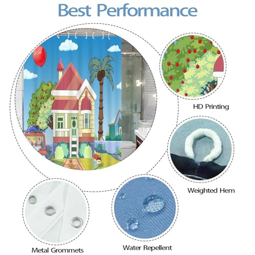 Image of Blue Them Balloon Cartoon House 36x72 Decorative Shower Curtain With Hooks | Bluey Backdrop With Cartoon House Red Balloon Print, Polyester Shower Curtain, With Hooks For Bathroom Decoration