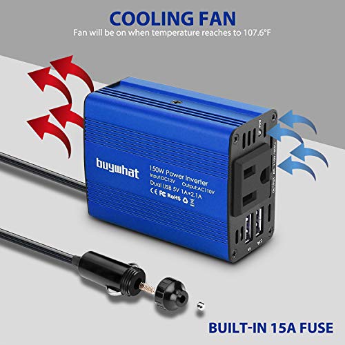 Buywhat 150W Car Power Inverter DC 12V to 110V AC Converter with 3.1A Dual USB Car Charger Adapter Blue