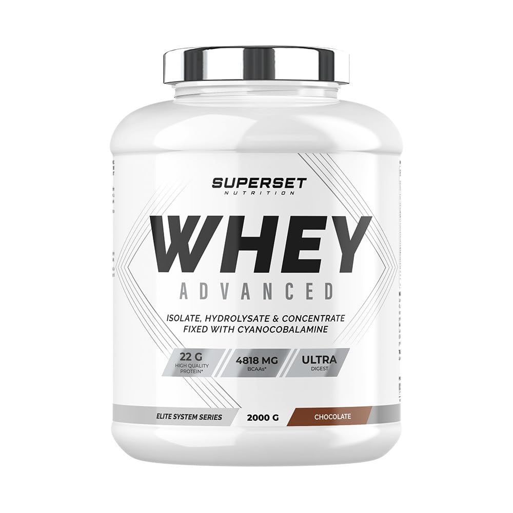 Superset Nutrition - 100% Whey Proteine Advanced (2kg) - 74% de protéines - Isolat + Concentrat + Hydrolysat, Digestion optimisée, Riche en BCAA et en glutamine - Chocolat