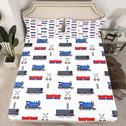 Erosebridal Cartoon Train Bedding Sets Red Blue Train Fitted Sheet for Boys Child,Kids Vehicles Bed Sheets Kids Car Theme Bedroom Decor Twin Size