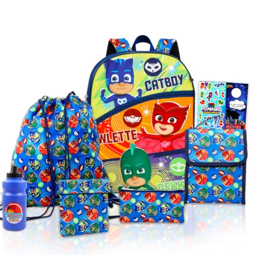 Disney PJ Masks Mochila escolar com lancheira para crianças – Pacote de 5 peças com mochila de 40,6 cm, lancheira, porta-lápis, adesivos, mais | Conjunto de mochilas escolares PJ Masks