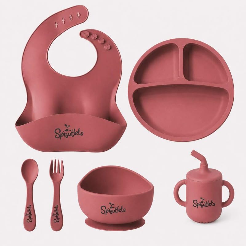 6 Pcs Silicone Baby Feeding Set for Babies 6+ Months| BPA-Free Baby Dinner Set with Suction Plate, Bowl, Bib, Cup, Spoon & Fork| Microwave & Dishwasher Safe, Anti-Slip Design - RED-image-42