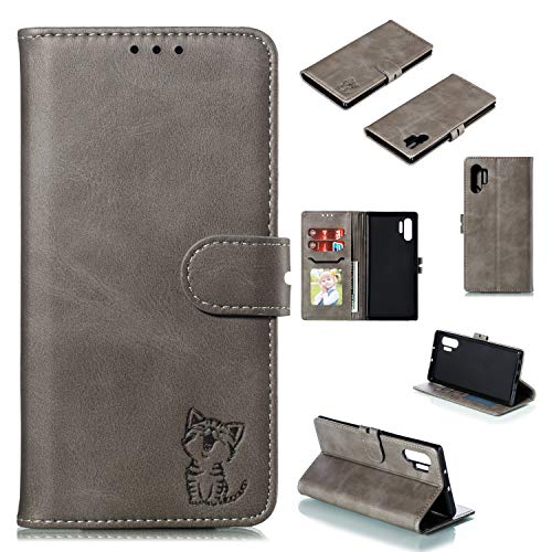 Robinsoni Case Compatible with Samsung Galaxy Note 10 Plus Retro Leather Wallet Cover with Card Holder Slots Cat Printed Folio Flip Cover TPU Silicone Inner Case Kickstand Magnetic Closure Case, Gray