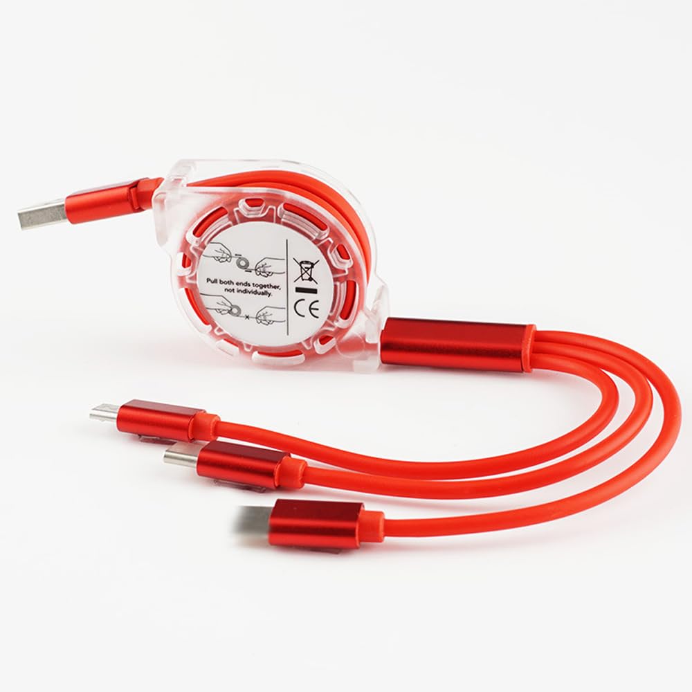 3 in 1 Retractable USB Charging Cable Compact 1M Red PVC Charger Cable Compatible with iPhone USB-C Micro
