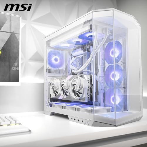 MSI MAG PANO 100R PZ White Boîtier PC ATX - Compatible Installation Verticale de Carte Graphique, Support GPU, filtres à poussière, Cage de Stockage pivotante, Double Compartiment, USB Type-C 20 GB/s