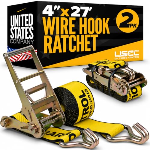 US Cargo Control Wire Hook Ratchet Straps 4 x 27 (2-Pack) 5 400 LBS Working Load Limit Yellow 4 Inch Ratchet Straps with Double J Hooks Professional 4 Inch Straps for Flatbed Trailers