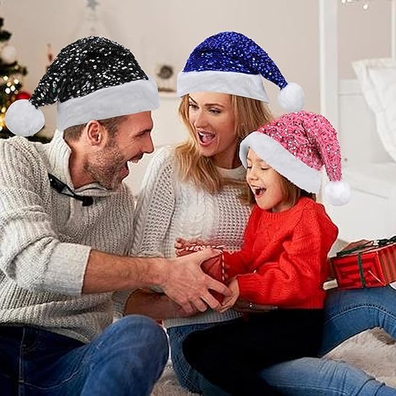 Silver Sequined Santa Hat - Shiny Unisex Soft Plush Deluxe Xmas Santa Claus Cap, Velvet Comfy for Christmas New Year Party, Fancy Dress, Xmas Tree Decorations Adults - Image 4