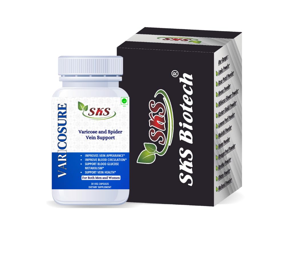 SKS VARICOSURE CAPSULES FOR VARICOSE VEIN HELPS IN VEIN SUPPORT, SPIDER VEIN, DIOSMIN HESPERIDINE HORSE CHEST NUT AND BUTCHER BROOM EXTRACT 30 VEG CAPS IMPROVES VEIN APPEARANCE