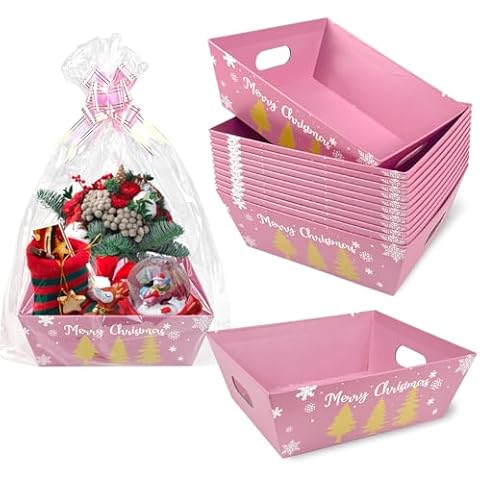 EYUNSTAR 42 Pack Christmas Baskets for Gifts Empty, 14 pcs Pink Christmas Gold Christmas Tree Gift Boxes with Clear Basket Bags and Pull Bows Cute Basket for Xmas Holiday Birthday Party Wedding Cover