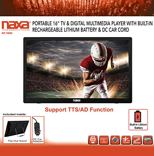 Image of Naxa Electronics NT-1600 Portable 16-inch TV and Digital Multimedia Player with Built-in ATSC Tuner for Over-The-Air HD TV, USB Support, Rechargeable Lithium Battery, AC Power, and DC Car Cord, Black