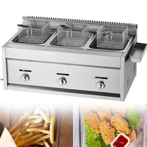 Arbeitsplatten-LPG-Gas-Fritteuse, Einzeltanks/Doppeltanks mit 10Lx2-Korb und Deckel, Edelstahl-Propan-LPG mit großem Fassungsvermögen und Metallrohr für Privat- und Gewerbezwecke,3Tank