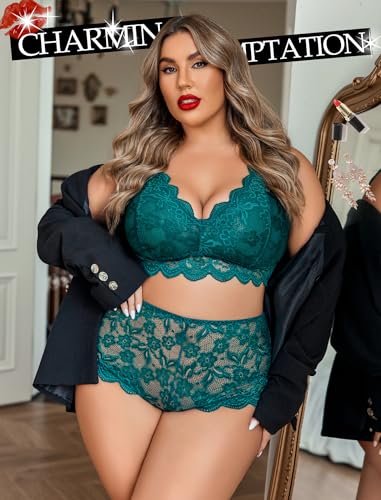 Image of Avidlove Plus Size Lingerie Set for Women Sexy Lace Halter Bralette High Waist Panty Set