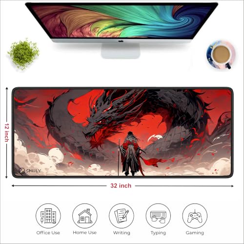 Image of Dragon Warrior Mouse Pad 12x32Inch 3mm Extended Gaming Desk Mat with Anti-Slip Rubber Base Mousepad for Smooth Surface Desk pad for PC & Laptop Use Waterproof & Stiched (Red /Black) Deskpad