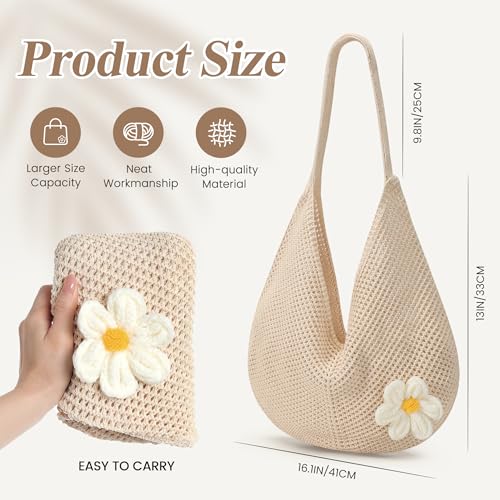 Image of Premillow Crochet Beach Bags for Women, Summer Beach Tote Bag, Mesh Cute Beach Purse, Aesthetic Knit Bag Handbag Shoulder Bag