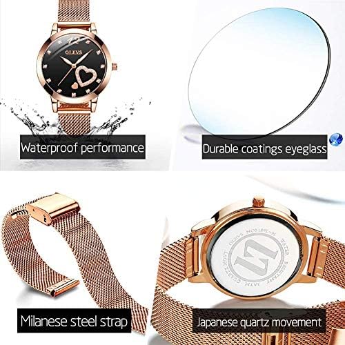 OLEVS Ladies Watches Rose Gold Stainless Steel Mesh Strap Heart Diamond Fashion Dress Japanese Quartz Waterproof Luminous Bracelet Sets