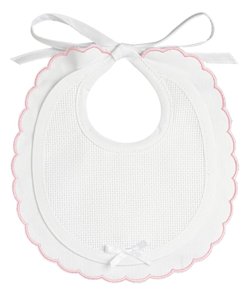 FILET - Elegant White Cotton Piquet Bib, Pink Emerald Edge, Aida Canvas Insert to Embroider, Lace Closure, Made in Italy, Pink
